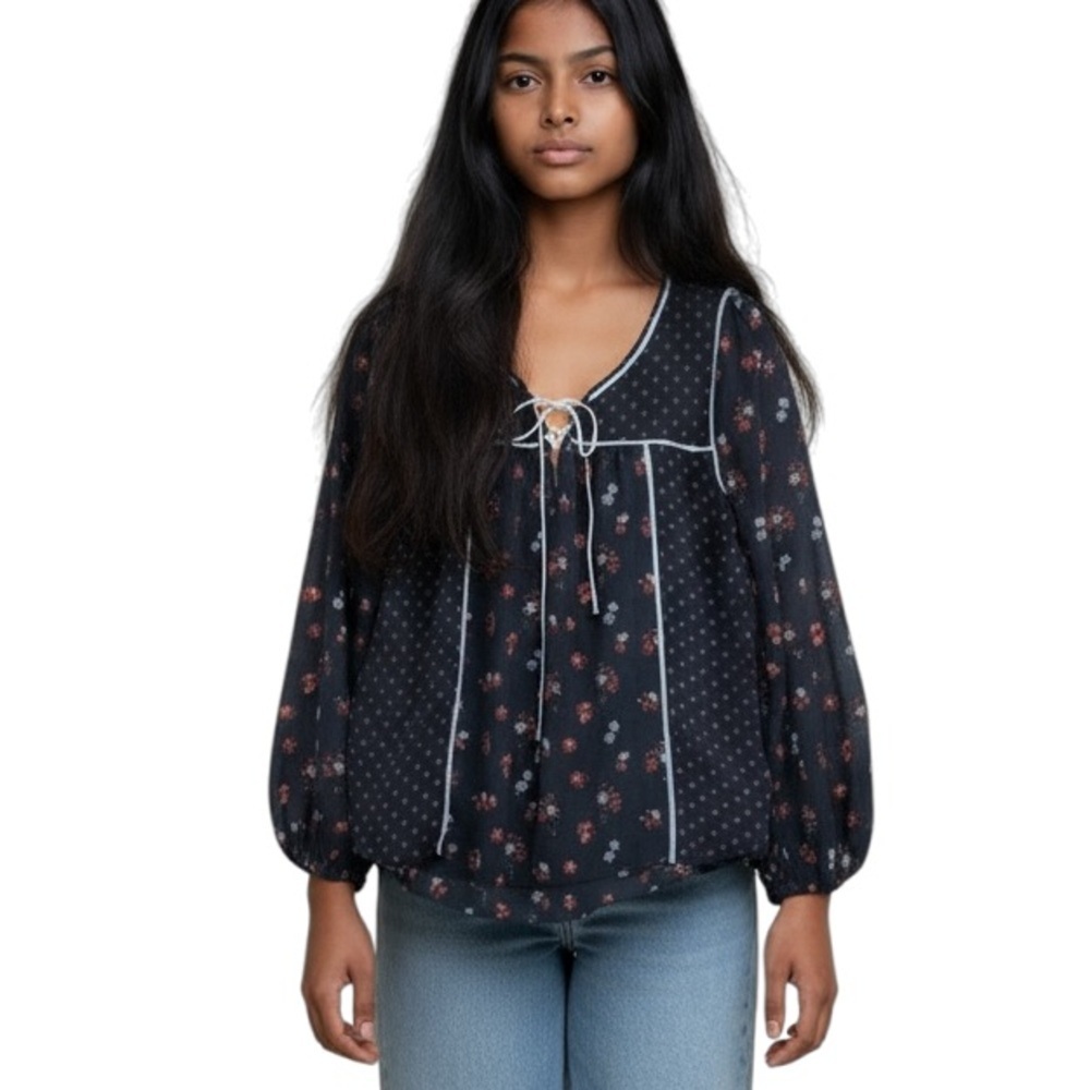 Abercrombie & Fitch Women Navy Blue Floral Boho Lace Up Peasant Top Small